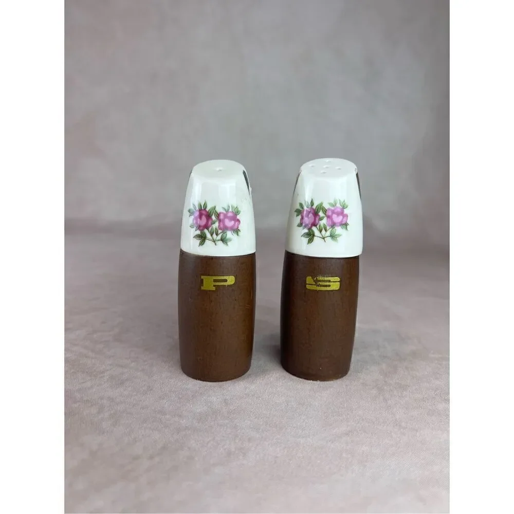 1960s Vintage Wooden Rose Mod MCM Salt and Pepper Shakers